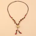 Bohemian ethnic style beaded ceramic heart necklace with colorful gravel and braided cord. - Colorful Heart Style (HY1562)
