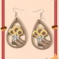 Detailed view of wooden teardrop earrings featuring a charming sunflower and cowboy boot design. - Sunflower Cowboy Boot Style (A23-564)