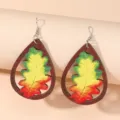 Wooden teardrop earrings with colorful gradient autumn leaf cutout design, fashion jewelry. - Hollow Maple Leaf Teardrop Style (A23-560)