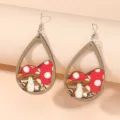 Wooden teardrop earrings featuring cute red mushroom design with white dots for women - Hollow Red White Dotted Mushroom Style (A23-556)