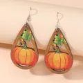 Boucles d'oreilles goutte en bois citrouille automne Thanksgiving bijoux variante style orange. - Style Larme Citrouille Ajourée Feuille Verte (A23-597)