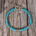 Handmade turquoise beaded bracelet with silver T-bar clasp and retro ethnic jewelry - Retro Turquoise Metal Disc Style (B23-285)