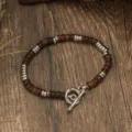 Vintage coconut shell beaded bracelet with metal accents and OT clasp detail for daily wear. - Natural Dark Coconut Shell Metal Style (B23-287)