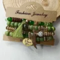 Bohemian multi-layer beaded bracelet set with green stones, wooden beads, and tassel charms. - Regular Style (B23-430)