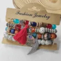 Bohemian multi-layer beaded bracelet set with red tassel and love charm for daily wear. - Regular Style (B23-433)