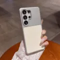 Detail view of the leather textured phone case back, showing premium grip and camera protection. - S23 Ultra / White Litchi Texture