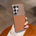 Detail shot of leather patch phone case for Samsung Galaxy Ultra, PC hard shell anti-drop cover - Brown Litchi Texture