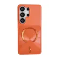 Detailed view of vibrant orange magnetic phone case with metal ring stand and precise cutouts. - CD Texture PC Magnet (S23 ULTRA) / Orange