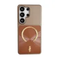Magnetic protective phone case with metal ring stand for Samsung series, durable PC cover. - CD Texture PC Magnet (S23 ULTRA) / Brown