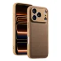 Detailed view of the premium leather phone case texture and precision camera cutout design. - iPhone 17 / Khaki