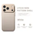 Close-up detail shot of litchi skin leather phone case texture and camera protection frame. - Litchi Pattern White