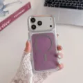 Close-up detail of transparent phone case featuring glitter purple back and magnetic ring. - iPhone 17 Pro Max / Black Purple