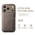 Detailed view of the luxury litchi skin phone case in gold, showing camera design. - iPhone 17 / Lychee Pattern - Gold