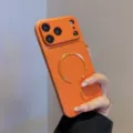 Custodia per telefono in pelle arancione dettaglio, compatibile con ricarica wireless MagSafe. - Arancione