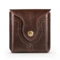Brown leather folding phone holster detail, compact design with metal snap button and neat stitching. - One Size / Brown