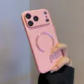 Custodia per telefono magnetica in pelle rosa con grande finestra per fotocamera per iPhone. - Rosa