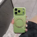 Green glitter phone case back detail, showcasing 360-degree rotating magnetic ring bracket. - Glitter 360 Kickstand - Matcha Green