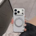 Detailed view of the silver glitter magnetic phone case with integrated 360-degree ring stand. - Glitter 360 Kickstand - Silver / iPhone17