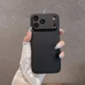 Close-up of black leather texture phone case featuring camera protection frame and clean finish. - Black with V-Pattern / iPhone 18 Pro Max