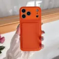 Orange leather phone case detail, back card holder slot, premium texture and precise cutouts. - iPhone15 / Orange-Horizontal Card Bag