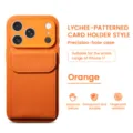 Orange lychee-patterned card holder phone case, luxurious texture, shockproof for iPhone 17. - iPhone 17 / Orange Lychee Texture Card Holder