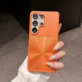 Orange CD texture hard phone case detail shot, vibrant anti-drop protective back cover for daily use. - S23 Ultra / Orange