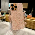 Vue détaillée de la coque de téléphone à paillettes scintillantes avec bordure galvanisée. - Orange Vibrant Magnétique Paillettes Unies