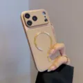 Detail view of luxury leather magnetic phone case with metal ring for secure drop protection. - iPhone 14 Pro Max / Khaki