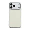 Detailed close-up view of the premium white leather phone case with silver metal camera frame. - iPhone 18 Pro Max / White Litchi Pattern