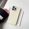 Minimalist solid color leather texture phone case detail view, soft protective cover for phone. - For 13Pro / MX Electroplated Lens Faux Leather Cream White