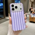 Detail view of the purple vertical striped phone case, showing texture and precise cutouts. - iPhone14 / Purple and White Stripes