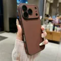 Brown woven texture phone case with camera lens protector compatible with iPhone, detail view. - 13pro / Brown
