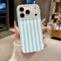 Blue and white vertical stripe phone case detail, showing the exquisite camera cutout. - Blue and White Stripes