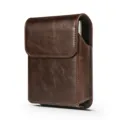 Dark brown leather vertical phone holster pouch with belt loop and flap closure design. - Dark Brown
