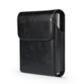 Black leather phone holster belt pouch for folding smartphones, premium protective case. - Black