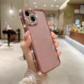 Funda de teléfono purpurina diamantes rosa compatible iPhone borde chapado lujo bling - Rosa