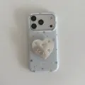 Ins Korean style star phone case with silver heart rhinestone bracket for iPhone variant. - Blue Base + Heart Stand