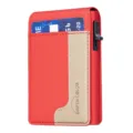 Mens metal card holder wallet, red and beige leather RFID blocking pop up credit card case. - Red