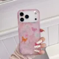 Roze glitter vlinder telefoonhoesje compatibel met iPhone, IMD beschermhoes stijlvol. - Zilverfolie Roze Vlinder / Voor iPhone 15