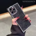 Bling rhinestone square edge iPhone phone case with sparkly glitter finish and electroplated frame. - iPhone17 / Glitter Texture Black