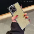 Square bling glitter phone case detail, electroplated edges with shiny crystal diamonds. - iPhone17 / Glitter Texture Gold