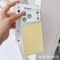 Vue détaillée de l'coque en cuir litchi coloré, design élégant et protection antichute. - Blanc Jaune