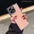 Square electroplated rhinestone glitter phone case compatible with iPhone, pink bling cover. - iphone15promax / Glitter Texture Pink