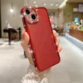 Funda de teléfono con diamantes de imitación y purpurina roja, borde recto galvanizado. - Rojo