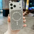 Close-up view of luxury rhinestone magnetic phone case featuring large camera window and brilliant sparkle. - Silver / iPhone17