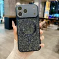Luxury rhinestone magnetic phone case with big camera window for iPhone, sparkling diamond. - Blue / iPhone17