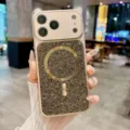 Luxury rhinestone magnetic phone case detail showcasing sparkly diamonds and metal ring stand. - Gold