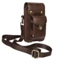 Detailed view of the dark brown vertical phone pouch, featuring dual compartments and flap. - Brown