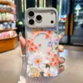Clear magnetic phone case with floral pattern and rhinestones for iPhone models. - Warm Orange Blossom