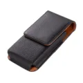 Detail shot of black litchi texture leather phone waist holster with brown inner lining and belt clip. - Waist Holster Style / Fits 3.5 Inch (4g) / Black